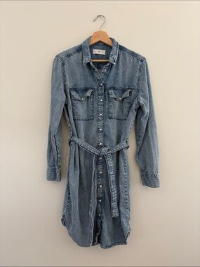 Light Blue Denim Long-Sleeve Shirt Dress with Self-Tie Belt